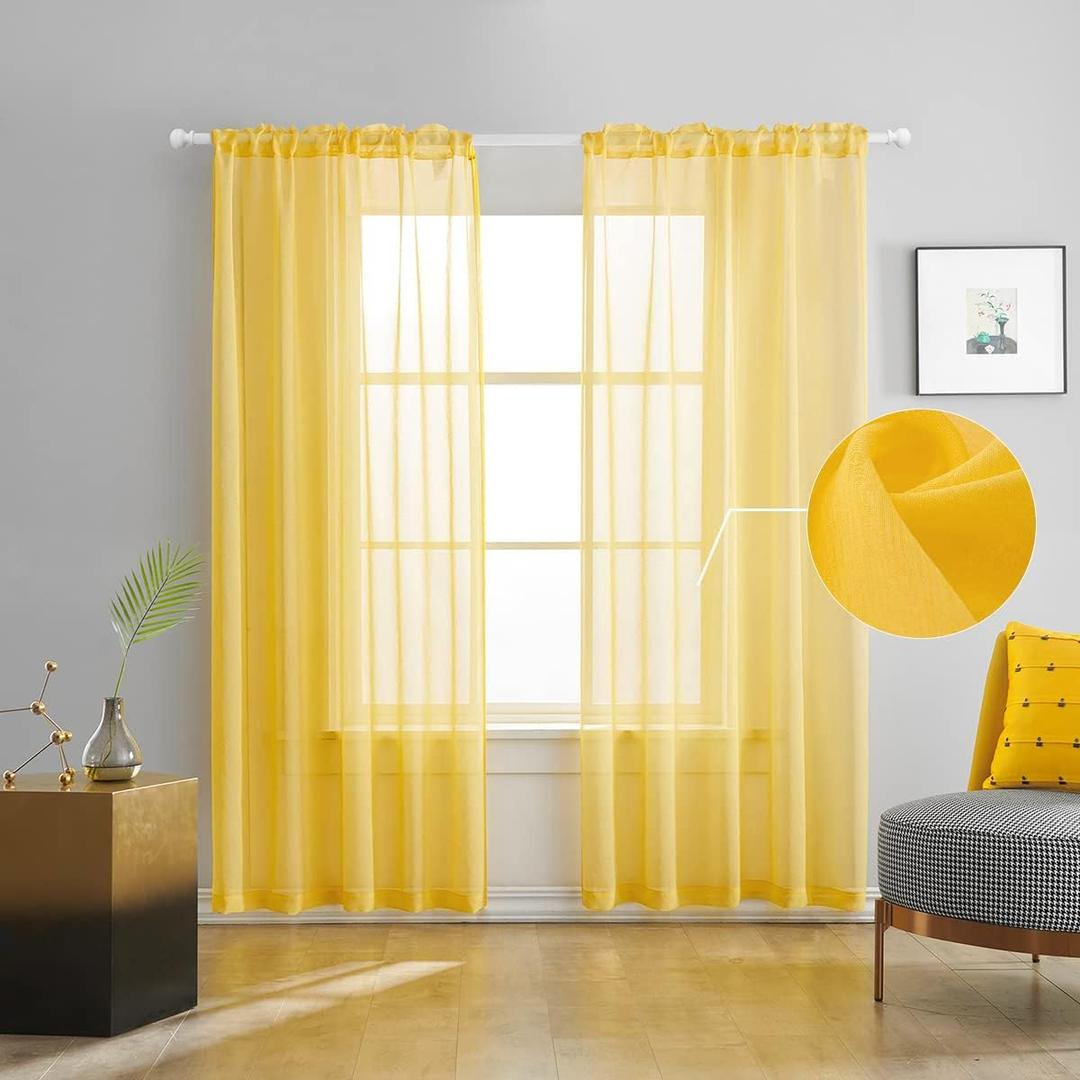 Butter Yellow Sheer Curtains 72 Inches Long Semi Faux Linen Yellow Sheers Curtain for Bedroom Living Room Girls Kids Room 2 Panels 52x72 Inch Length Gold
