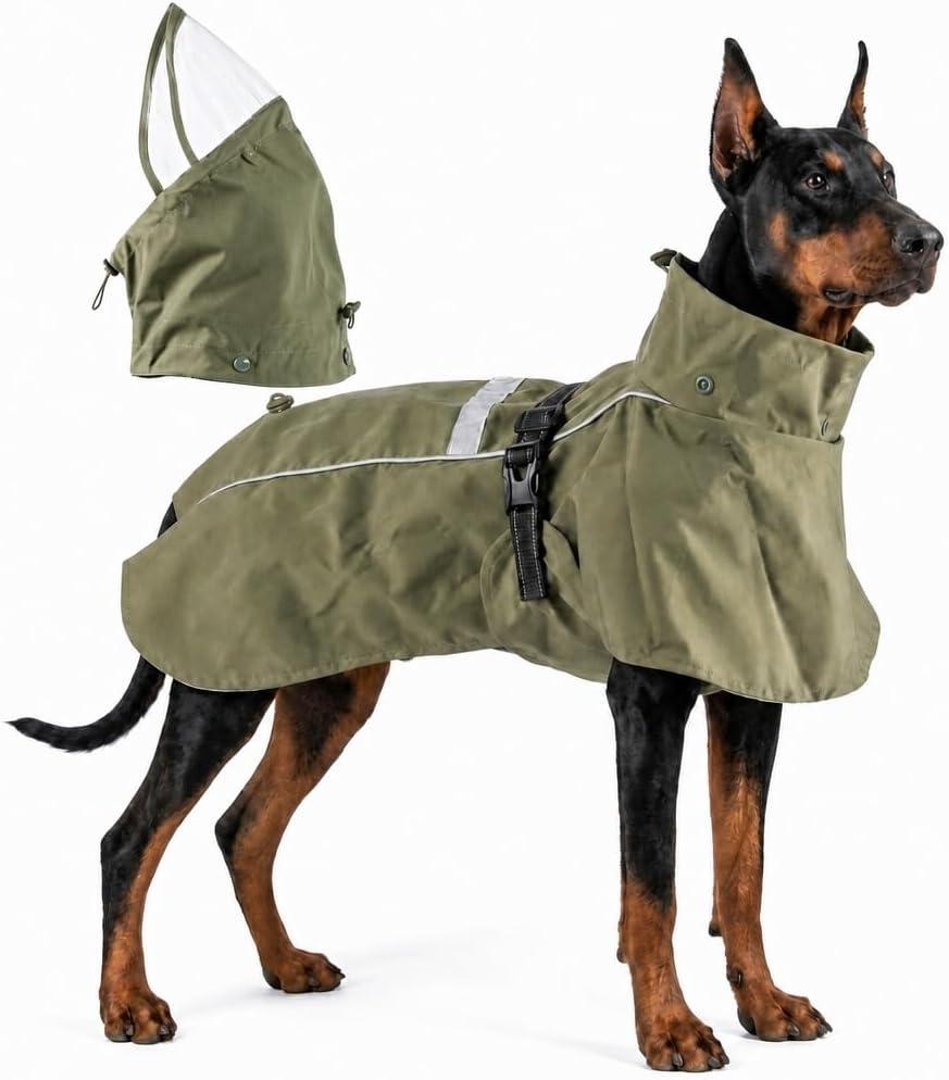 Waterproof Dog Rain Jacket, Breathable Windproof Dog Raincoat with Adjustable Strip, Leash Port, Removable Hood, Reflective Full-Body Coverage Pet Poncho | Large Dogs, Green (5XL)
