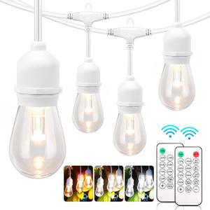 Mlambert 3 Color Outdoor LED Dimmable String Lights for Patio with Remote, Plug in 48FT Waterproof Shatterproof LED Bulb Light for Cafe-White Cord
