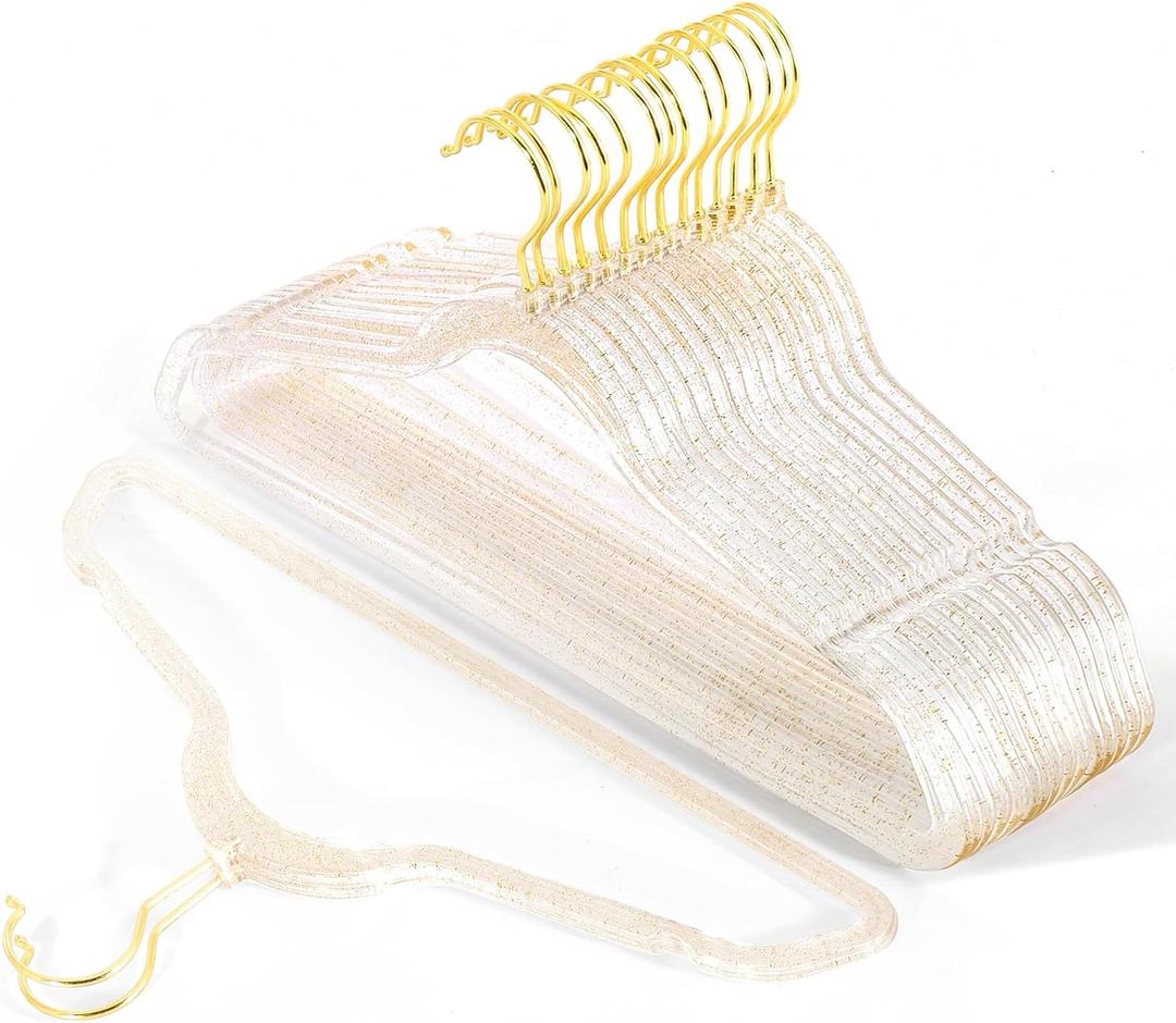 20 Pcs Gold Glitter Sparkle Hangers, Ultra-Thin Acrylic Glitter Hangers for Dresses and Suits - Non-Slip Space-Saving Clothes Hangers (Gold)