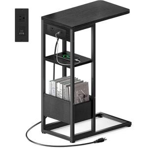 C Shaped End Table with Charging Station, Small Side Table for Couch Recliner, Slide Under Sofa Desk Snack Tables with Storage Bag & AC / USB Outlet, Small Spaces Drink Tables for Living Room, Bedroom