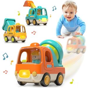 Baby Toys Push Cars for 1 2 3 Year Old Friction Powered Construction 3 Pack Friction Vehicle Set Excavator Dumper Cement Mixer Truck Lights and Musial Toys Birthday Gifts for Toddlers 1-3
