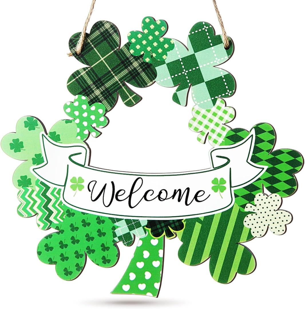 2 x AceOrbit St. Patrick's Day Decoration Wooden Shamrock Door Wreath Welcome Hanging Front Door Sign Wall Sign with Rope Clover Spring Decor Irish Gift for Home Decor Holiday Party Outdoor Indoor 12 in
