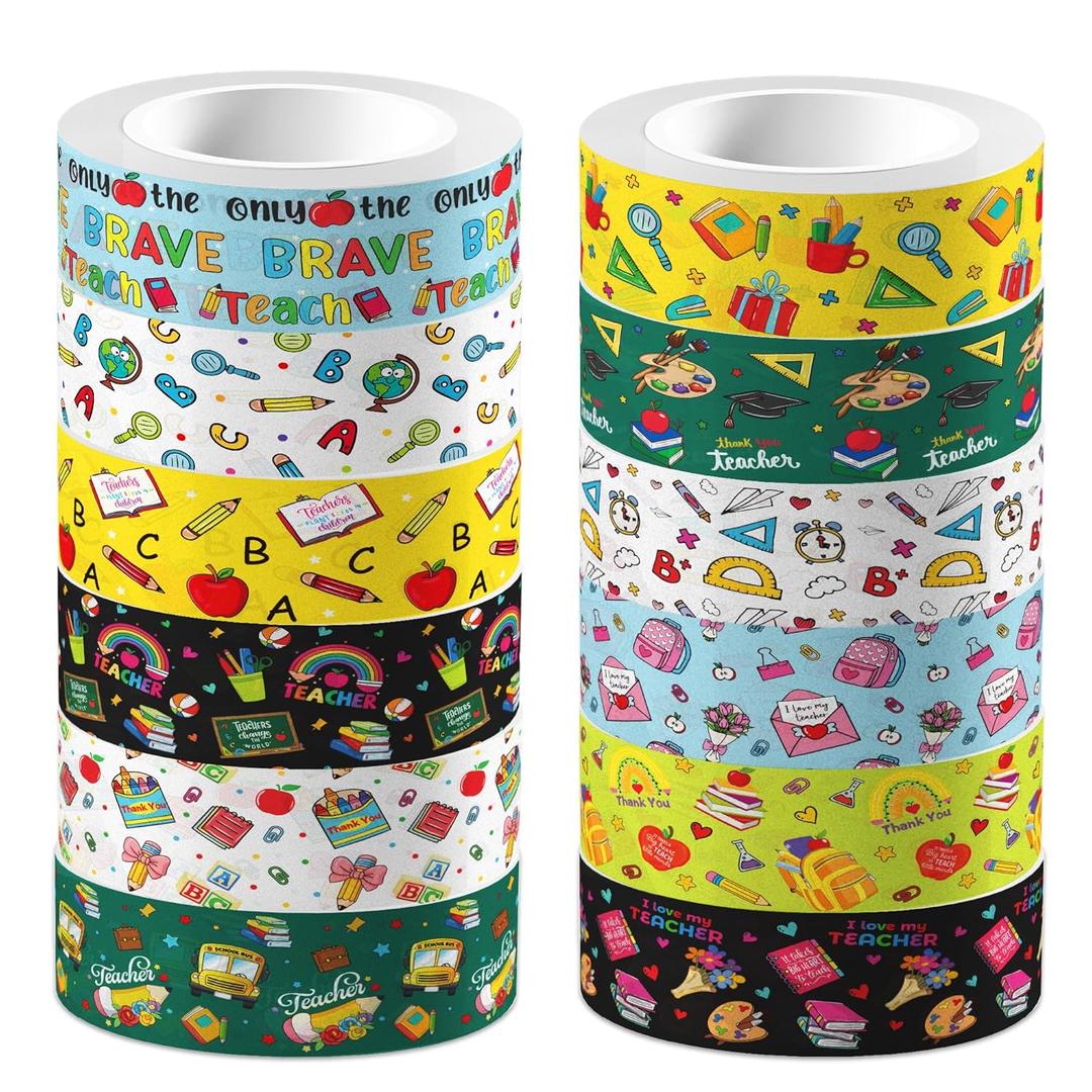 12 Pcs Teacher's Day Washi Tape School Masking Tape Decorations Thank You Teacher School Decorative Paper Sticker for Journals, Planners, DIY Craft Gift Wrapping Handbook Stickers