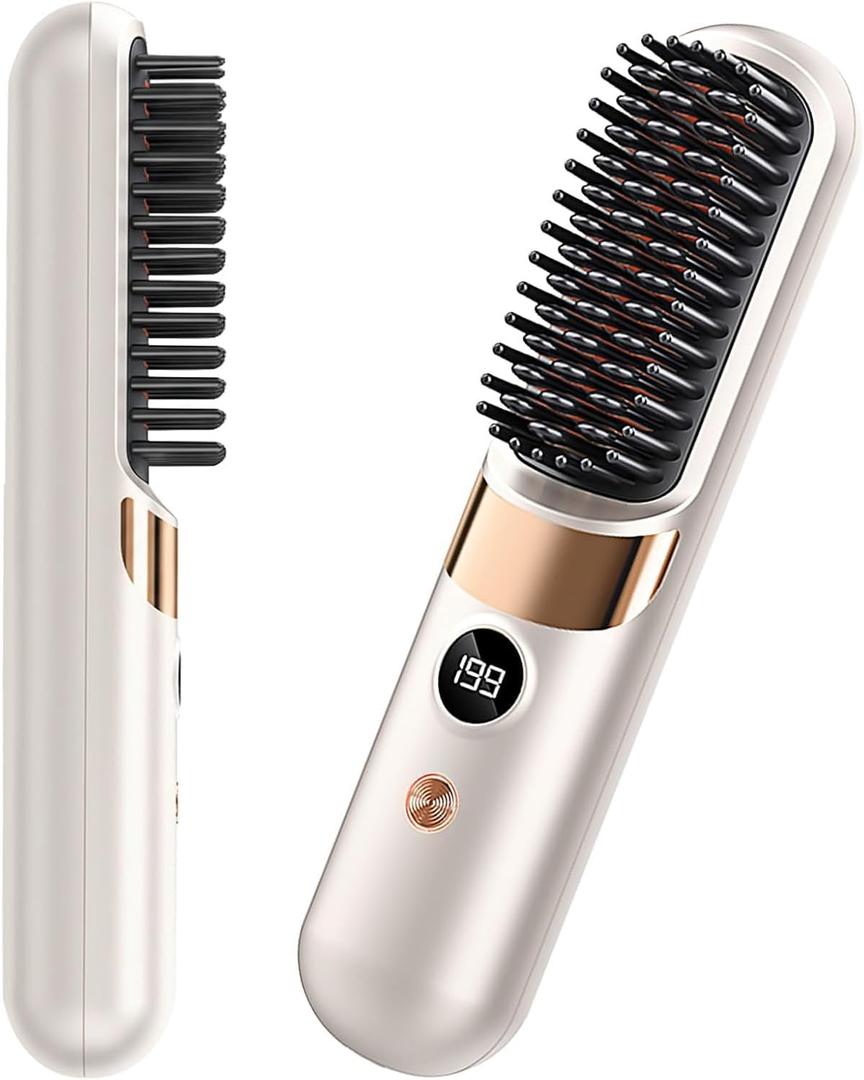 Go Brush Pro Cordless Hair Straightener Brush - Portable Rechargeable Ceramic Styling Brush with 4 Adjustable Heat Modes & LED Display, Perfect for Travel & Everyday Use (Cream White)