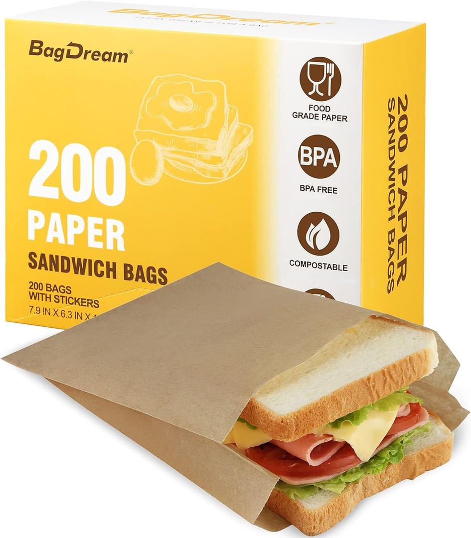 BagDream Paper Sandwich Bags 7.9x6.3x1.96" 200ct Recyclable Kitchens Paper Sack Sandwich Bags, Sealable with Thank You Stickers, Unbleached Natural Kraft Paper Bags (Brown)
