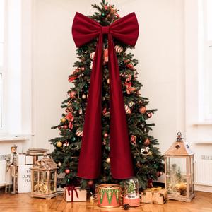 20 x 71 Inches Christmas Extra Large Velvet Bows Christmas Tree Topper Decor Giant Xmas Tree Toppers Bows for Home Wreath Wall Backdrop Birthday Wedding Party Decorations(Deep Red)