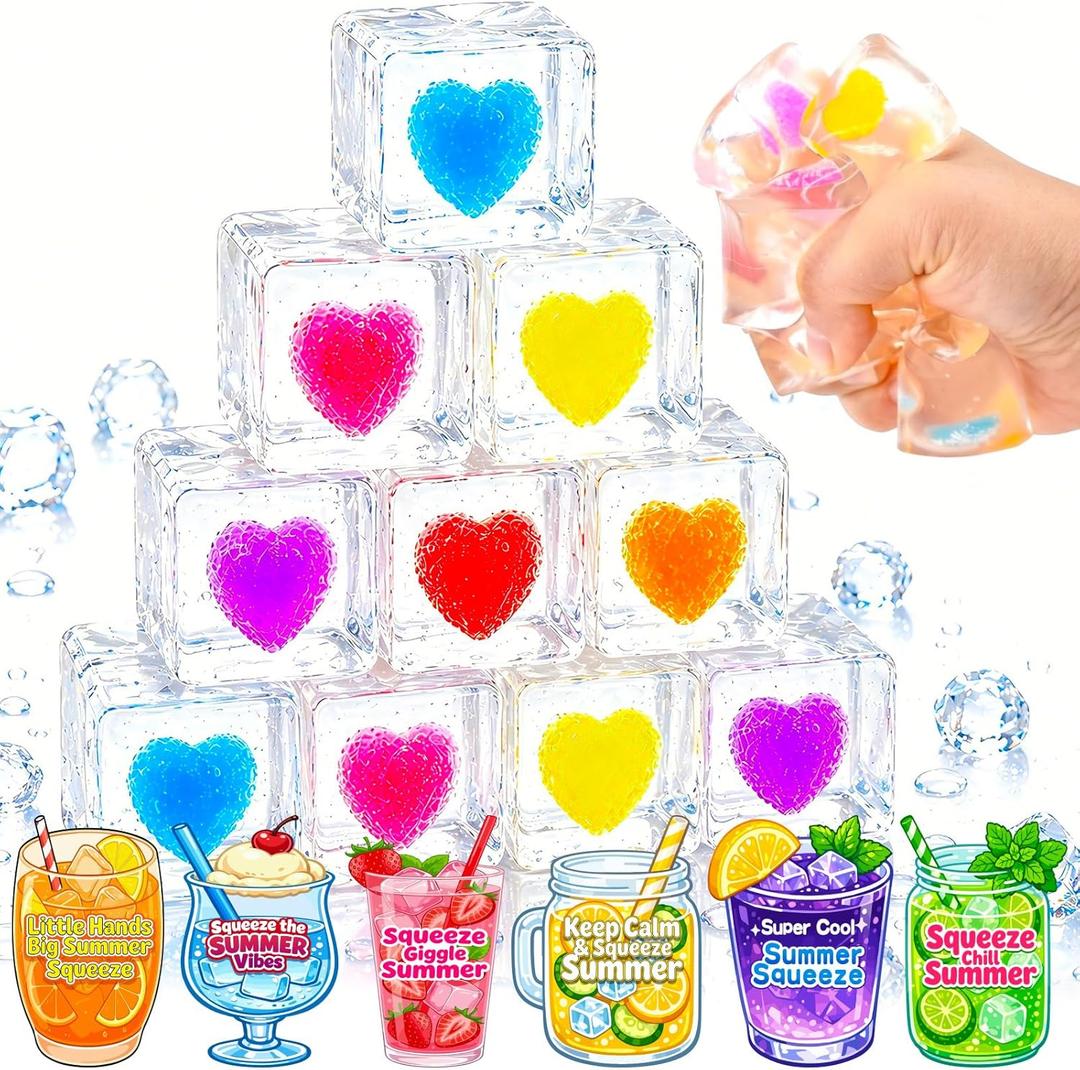 24 Pcs Ice Squishy Cube Stress Cube Toy with Greeting Cards,Squeeze Fidget Toys for Kids & Adults, Sensory Squishy Ice Cubes for Anxiety Relief, End of Year Gifts for Students, Classroom Prizes