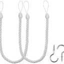 BEL AVENIR Curtain Ropes Tiebacks Tie-Backs, Curtain Handmade Holdbacks with 2 Metal Screw Hooks - White 2 Pack