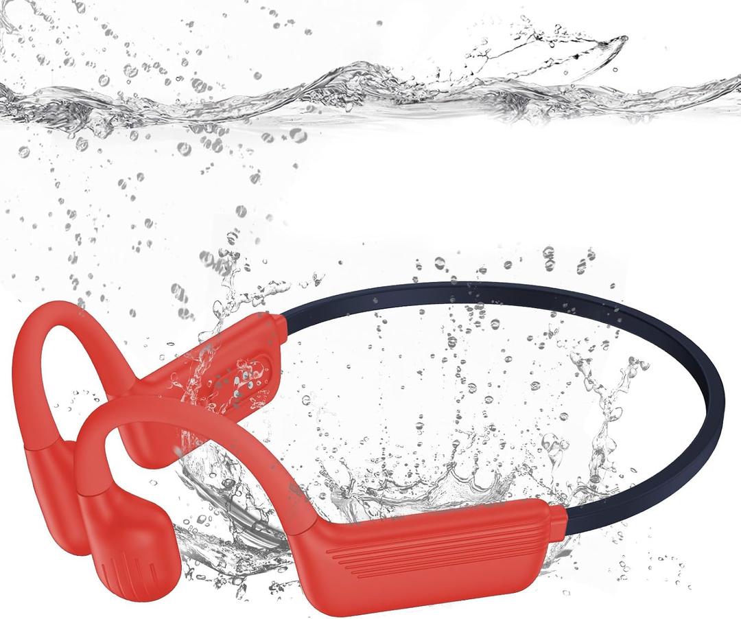 Swimming Headphones-Bone Conduction Headphones, IP68 Waterproof Open Earphones, LiteSurge Bluetooth 5.4 Underwater Sport Earbuds with 32 GB MP3 Memory for Swimming, Marathon-Orange-red