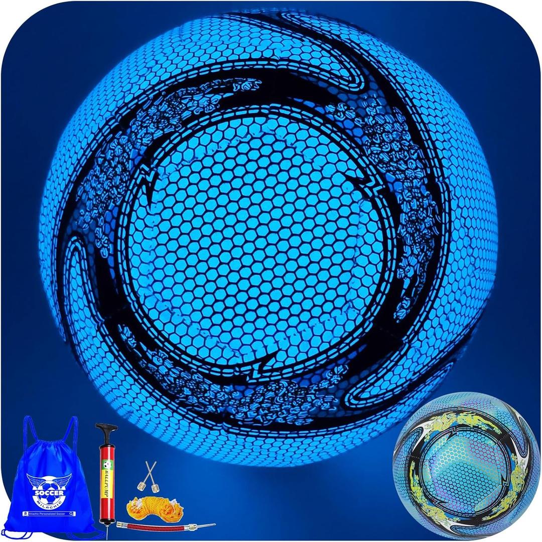 WTOPSBO Soccer Ball Glow in The Dark Blue, Glowing Soccer Ball Size 4/5 for Men Women Night Games, with Pump and Carry Bag