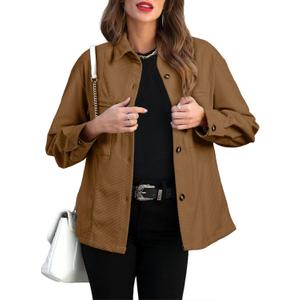 EVALESS Womens Corduroy Jackets Fashion Long Sleeve Button Down Shacket Shirt Jacket with Pockets Fall Outfits 2024