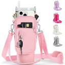 Water Bottle Carrier Bag with Strap for Stanley 40/30 oz Tumbler with Handle, Water Bottle Holder Pouch with Phone Pocket for Stanley Cup Accessories, Fit for Walking Hiking Travel Pink