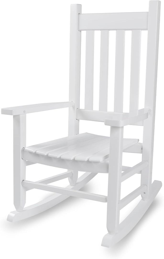 Kids Rocking Chair for Toddler and Children Comfy Recliner Wooden Rocker for Baby Girls Outdoor Lounge Child for Age 6-10 Indoor Anti-Tip Design Safe & Sturdy White, 6-10 years old