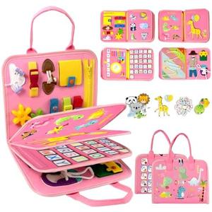 Qizfun Busy Board Book Montessori Toys for 1 2 3 4 Year Old, Girl Birthday Gifts, Educational Sensory Learning Toy for Toddlers 1-3, Car Airplane Travel Activities Toys for Kids Ages 2-4 Year Old