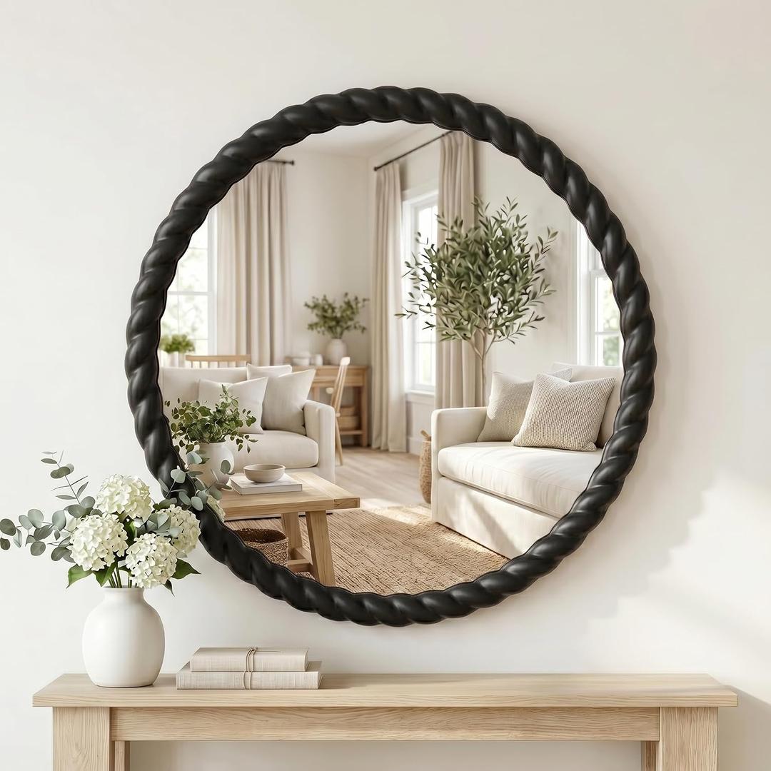 24"x24" Round Solid Wood Farmhouse Decorative Wall Mirror