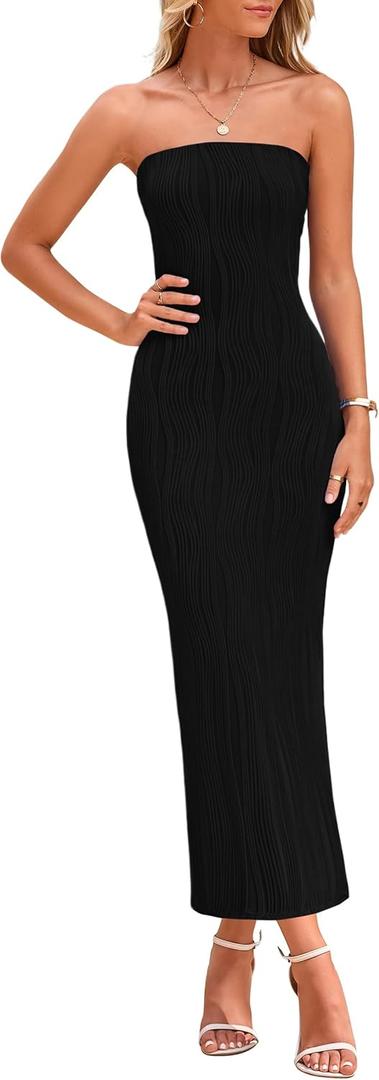 PRETTYGARDEN Womens Summer Maxi Dress Textured Bodycon Tube Off Shoulder Strapless Back Slit Long Party Dresses (Large, Black)