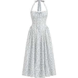 OBEEII Women Floral Corset Dress Halter Neck Low Cut Bustier Midi Dress Flowy Pleated Hem Summer Sundress with Pockets (Small, White-green Floral)