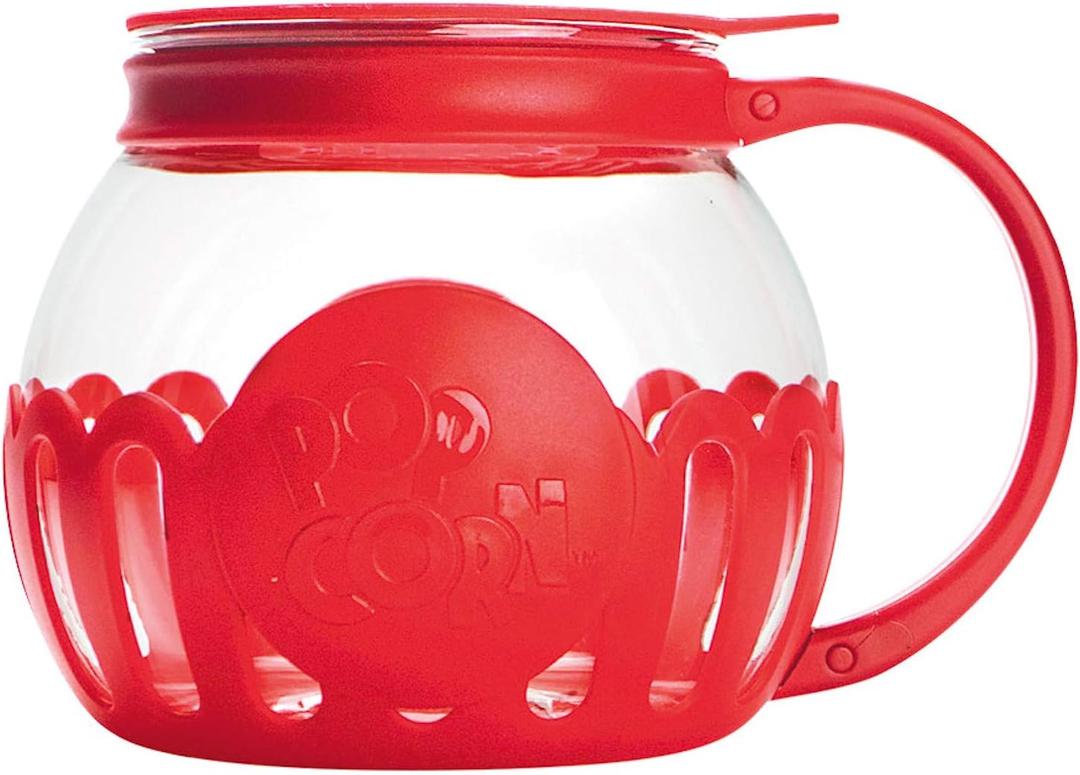Ecolution Patented Micro-Pop Microwave Popcorn Popper with Temperature Safe Glass, 3-in-1 Lid Measures Kernels and Melts Butter, Made Without BPA, Dishwasher Safe, 1.5-Quart, Red