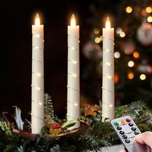 Flameless Cone Candle with Built-in Star String Light, 11-Button Remote Control, Timer, Battery Powered, Simulated Flame, 3-Pack Window Candle, Christmas Home & Wedding Decoration (Ivory) 