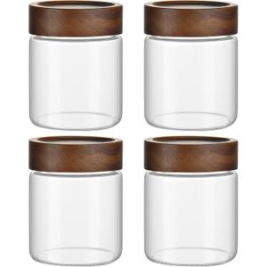 12 oz/350 ml Clear Glass Storage Canister with Airtight Wooden Lid, Small Overnight Oats Containers, Cute Decorative Salad Jar for Snacks Yogurt Spice Sugar Cereal Fruit Coffee Tea -4 Pack