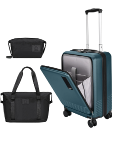 20 inch Small Carry On Luggage Front Open with Laptop Pocket, ABS+PC Hard Shell Suitcase with Spinner Wheels TSA Lock & YKK Zipper, 20in/Toiletry Bag/Handbag, Teal Blue
