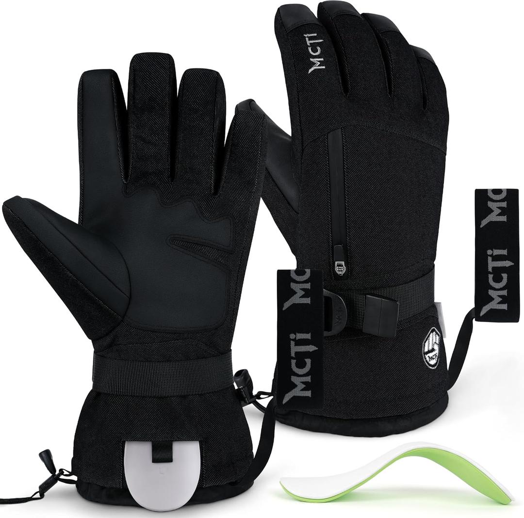 MCTi Pro Wrist Support Ski Gloves for Men, Winter Snowboard Gloves with Wrist Guard, Waterproof, 3M Thinsulate Warm, High Abrasion Resistance (Large, Black)