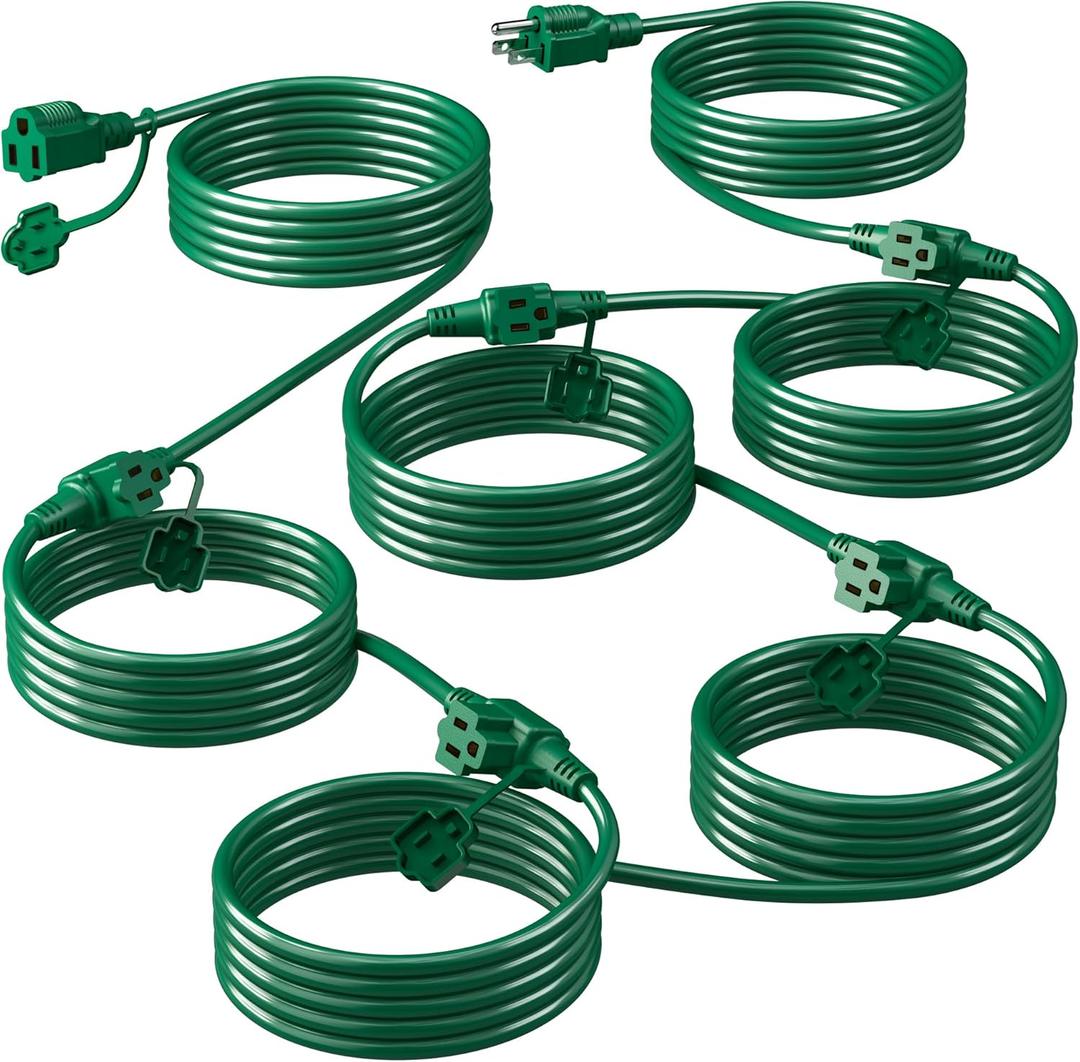 Eversimpleinc 50FT Outdoor Extension Cord with 6 Outlets Evenly Spaced, with Waterproof Cover, Ideal for Outdoor Decoration Lawn Patio Lights, 16AWG/3C SJTW, ETL Listed (Green)