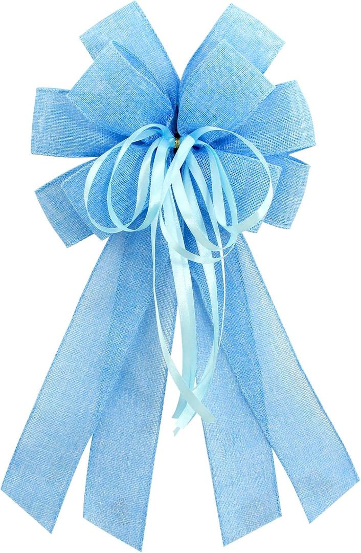 Large Blue Burlap Bow for Wreath, Easter Farmhouse Burlap Fabric Bow for Front Door Decor Spring Blue Tree Topper Ornament Decorative Bows with String for Wedding Holiday Party Decoration