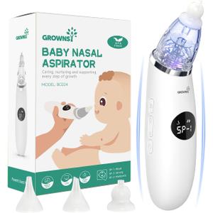 GROWNSY Nasal Aspirator for Baby | Baby Nose Sucker | Electric Nose Suction for Toddler, Ergonomic Booger Sucker with 3 Silicone Tips, Music & Light Soothing Function(White)