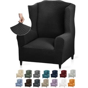 YEMYHOM 1 Piece Stretch Wingback Chair Slipcover Latest Jacquard Design Wing Chair Cover Non Slip Furniture Protector with Foam Rods for Living Room (Wing Chair, Black)