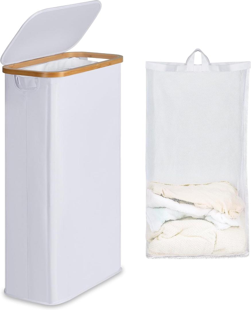 Slim Laundry Basket with Lid, Narrow Laundry Hamper with Removable Bag, Skinny Dirty Clothes Basket with Bamboo Handles for Bathroom, Bedroom & Laundry Room, 63L White