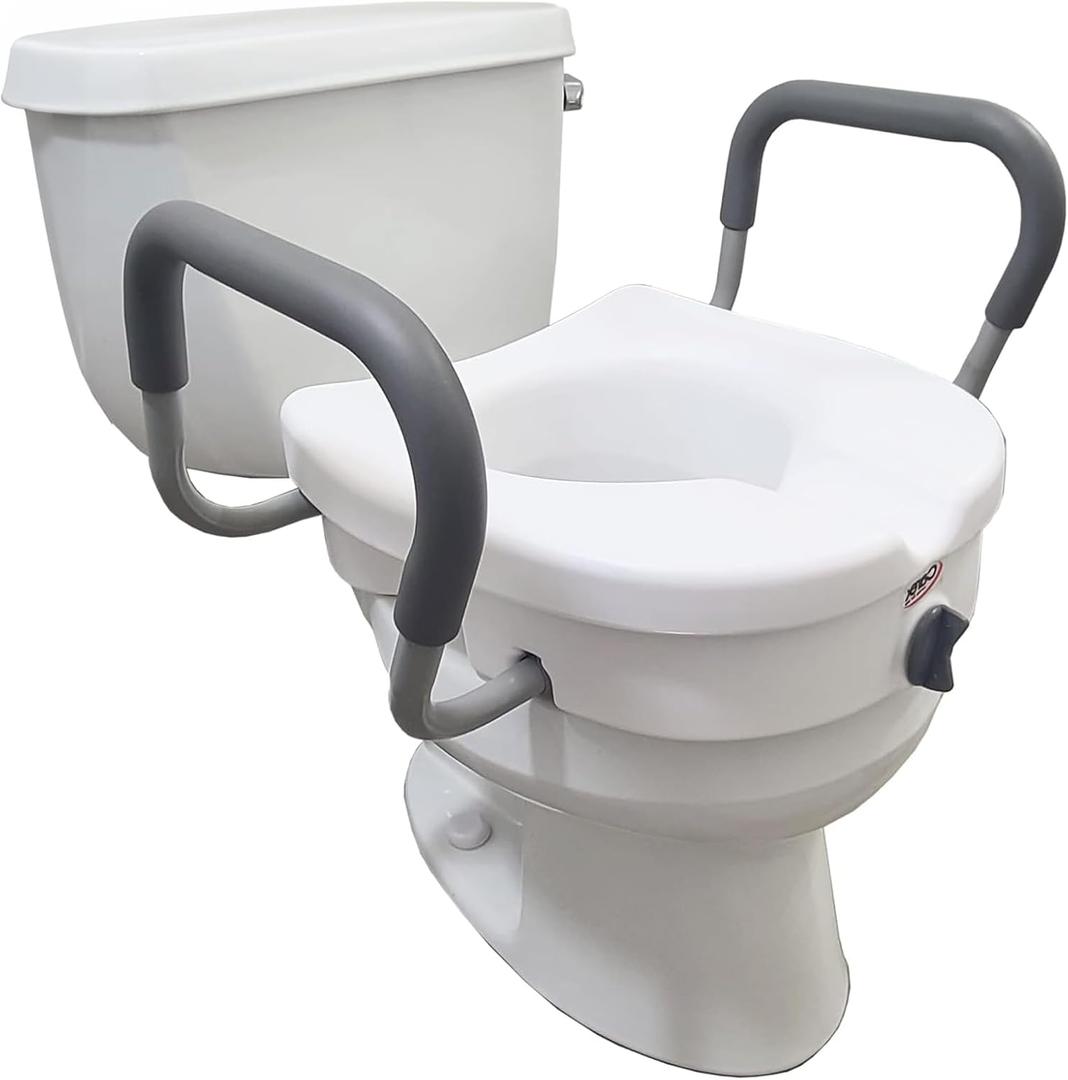 Carex E-Z Lock Raised Toilet Seat With Handles, 5" Toilet Seat Riser with Arms, Handicap Raised Toilet Seat For Seniors and Elevated Toilet Seat (1 Count (Pack of 1)), Gray and White 