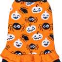 CuteBone Halloween Dog Sweater Dress, Soft and Stretchy Dog Clothes for Small Dogs Girl, Pumpkin Spider Puppy Sweater Pullover Ruffle Dress Pet Outfit Cat Apparel, Small, Halloween Orange