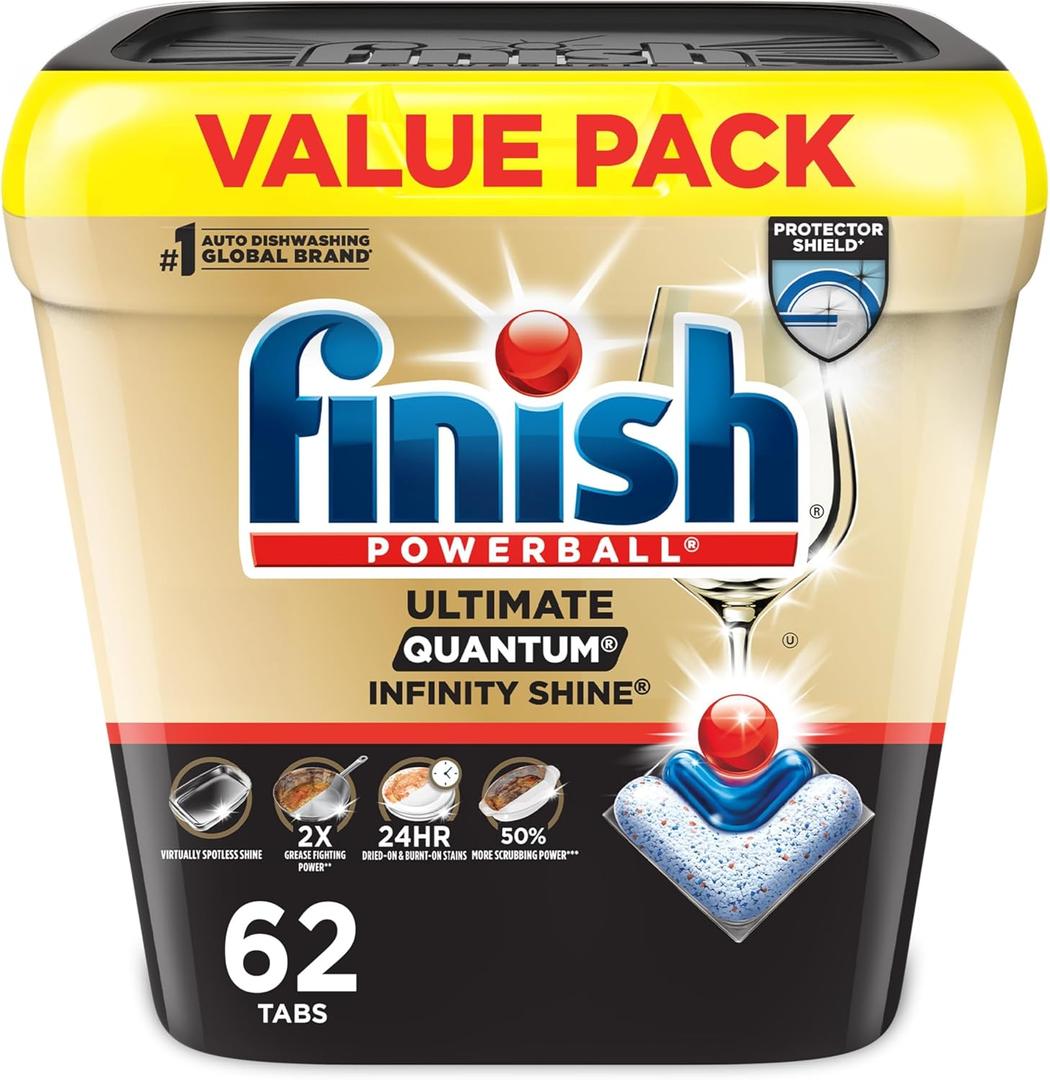 Finish Ultimate Quantum Infinity Shine Dishwasher Pods, New & Improved Formula, Dishwasher Detergent Dish Soap, Removes BurntOn & DriedOn Stain, Degreasing, Scrubbing, & Shining Power, 62 Count