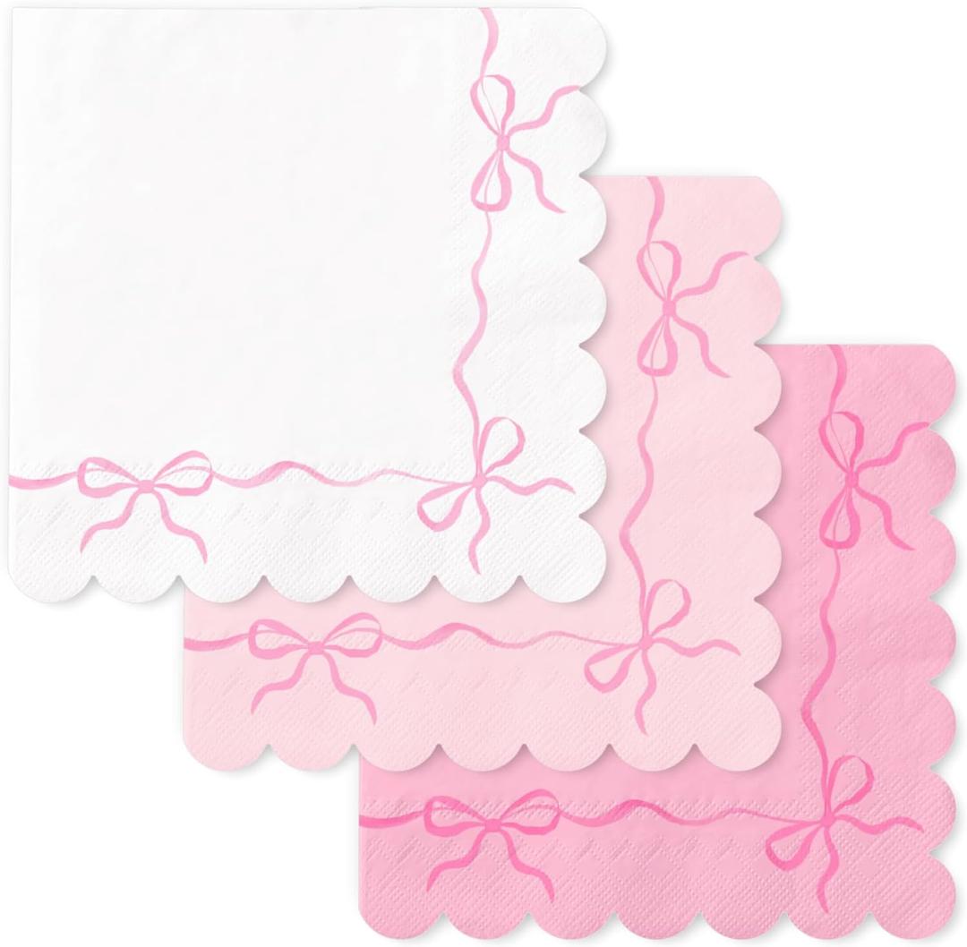 FYSUIMU 150 Pcs Pink Bow Paper Napkins Coquette Bownot Luncheon Napkins Scalloped Edge Disposable Dinner Dessert Napkin for Valentine's Day Wedding Birthday Bridal Party Table Supplies