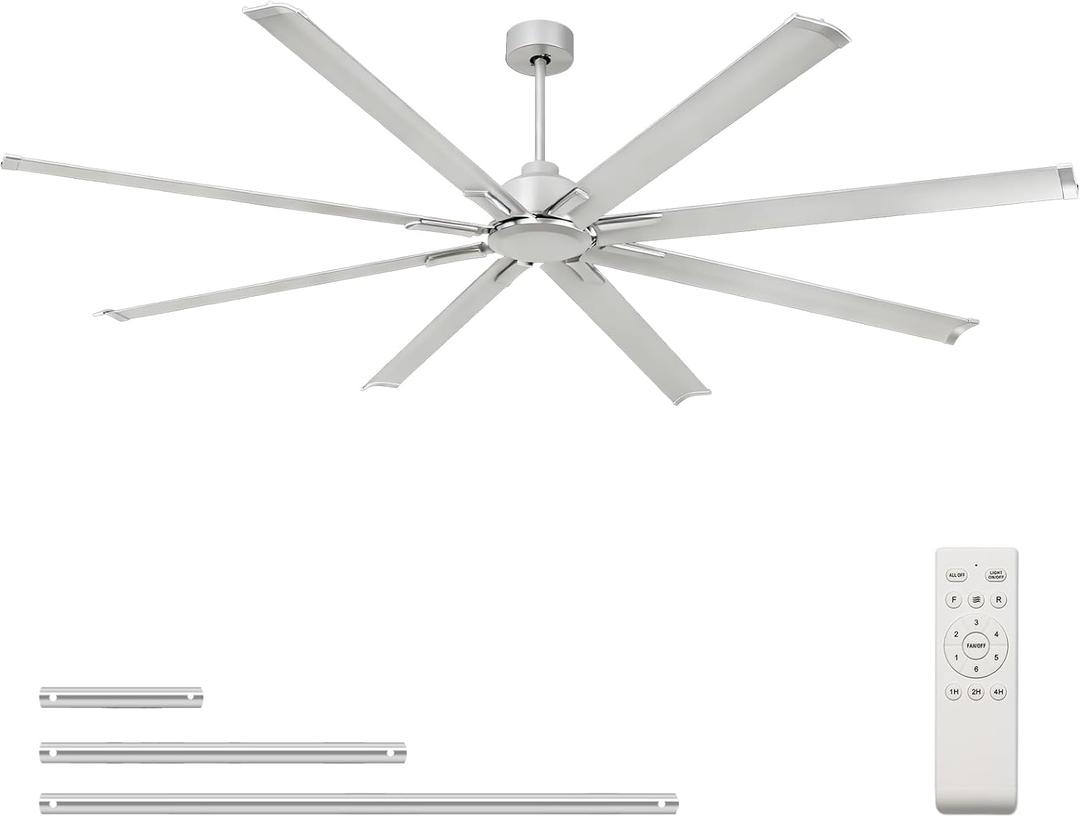 YYEHON 96 inch Large Industrial Ceiling Fan - DC Motor Shop Ceiling Fans with Remote Control Home or Commercial Ceiling Fan for Warehouse/Garage/Gym/Shop,6-Speed Silver No Light