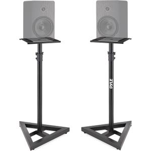 Pyle Speaker Stand Pair of Sound Play 1 and 3 Holder - Telescoping Height Adjustable from 26 - 52 Inch High Heavy Duty Three-point Triangle Base w/ Floor Spikes and 9 Square Platform, Black