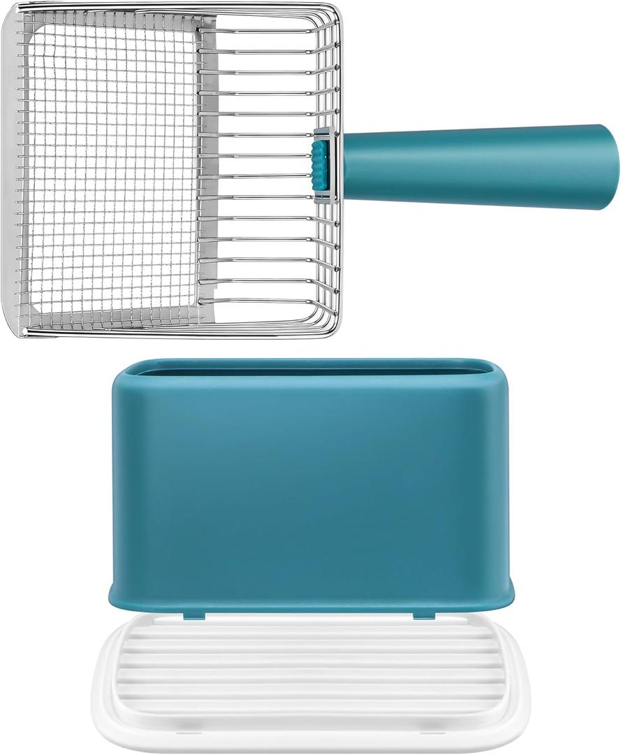 Metal Cat Litter Scoop with Holder, Heavy Duty Deep Sifter with Dual-Hole (10mm/5mm) for Pellets & Clay, Non-Stick (Blue)