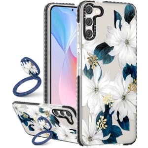 Boaretiu for Samsung Galaxy S23 Case - Cute Kawaii Fashion Cool 360 Rotate Ring Holder Kickstand Blue Flower for Women Girls Boys Teens Girly for Galaxy S23 Case with Stand