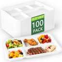 WELLIFE 100% Compostable 5 Compartment Paper Plates, 100 Pack Disposable School Lunch Trays Divided Plates for Adult Youth, 12.5 * 8.6 inch Heavy Duty Eco-Friendly Bagasse Plate for Buffet and Party (Natural)