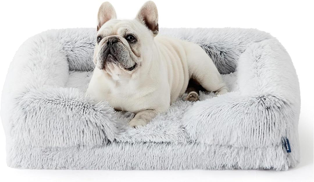 Bedsure Orthopedic Dog Bed Medium Size Dogs - Washable Medium Dog Cat Bed Waterproof, Comfort Pet Couch Sofa with Washable Removable Cover, Pets Bed with Nonskid Bottom, Long Faux Fur-Misty Grey, 28" 2 Pack