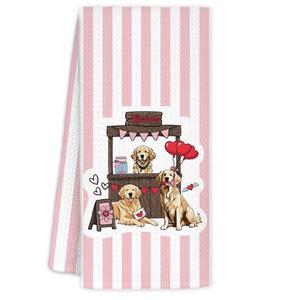 YTRGI Golden Retriever Valentines Day Gifts for Her Him Kids, Golden Retriever Kisses Valentines Day Decoration Hand Towel for Kitchen Bathroom, Funny Pink Kitchen Towels 16x24 in