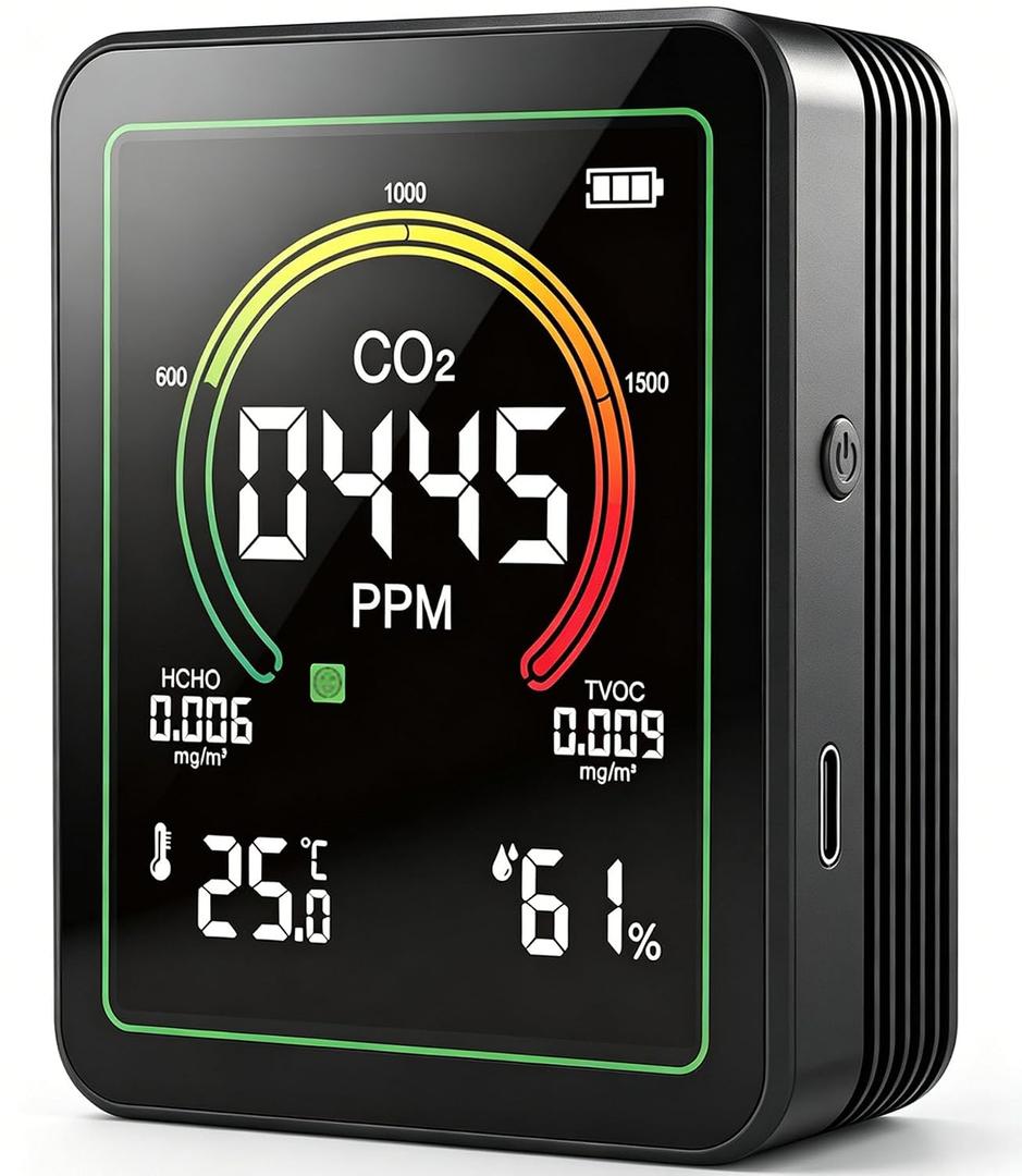Air Quality Monitor Indoor, 5-in-1 Portable Real-Time CO2 Detector | Temperature | Hygrometer | HCHO | TVOC | Professional Air Quality Tester for Home, Office, School, Cars, Plants and Pets