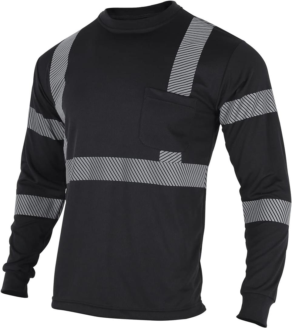 VENDACE Safety Reflective High Visibility Long Sleeve Shirts ANSI Class 2 Hi Vis Construction Work T Shirts for Men(Black, M)