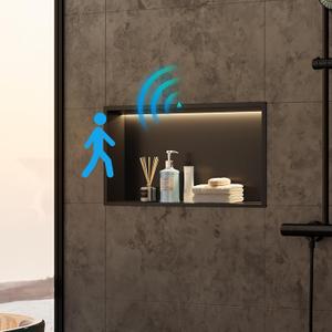 Qeke Stainless Steel Shower Niche 24" X 12", No Tile Needed Wall Niche with Non-Dimmable Led Strip &Motion Sensor, Recessed Shower Shelf for Bathroom Storage Over Mount Installation, Matte Black