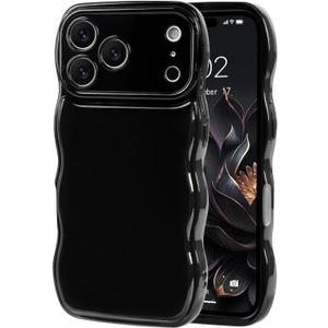 iPhone 17 Pro Max Case Cute Simple Wave Design Stylish Wavy Curly Frame with Wrist Adjustable Hand Strap Kickstand Grip Holder Soft Silicone Protective Cover - Black