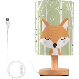Cute Fox Forest Cartoon Woodland Animal Bedside Table Lamps with USB Port for Bedroom LampSmall Nightstand Lamp Sturdy Linen Shade Wooden Base Decorative Lamps for Nursery Kids Reading Dorm Home