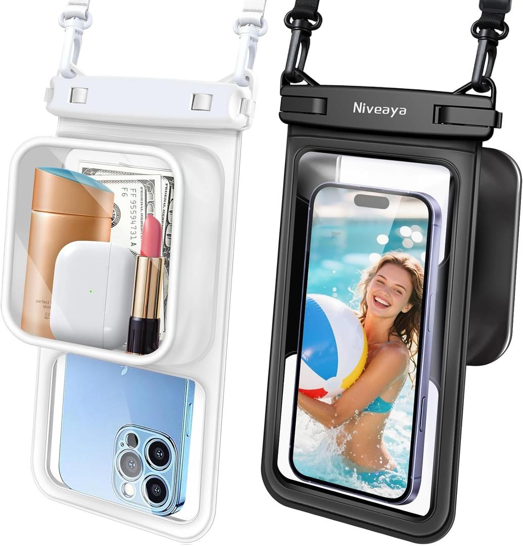 Niveaya [Floatable Floating Waterproof Phone Pouch 2 Pack-Up to 8.5", Large Space Adjustable Neck Lanyard Waterproof Phone Case, Phone Dry Bags for Vacation Beach Pool Kayak Cruise Travel Essentials (Black + White)