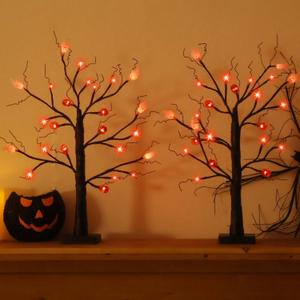 2 Pack Halloween Tree, 2FT Black Tree with 24 LED Orange Lights, Pumpkins and Ghosts Ornaments, Battery Operated Halloween Decorations Indoor, Lighted Spooky Tree for Table Centerpiece Home, Timer